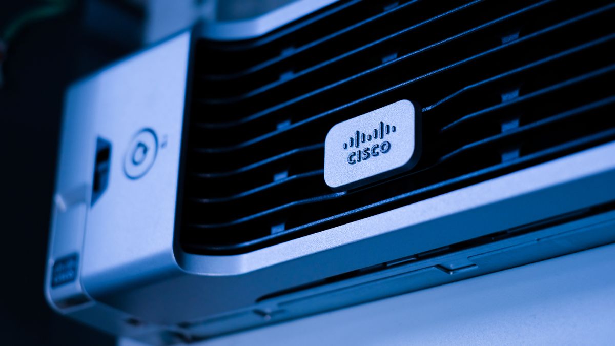 The Cisco logo as fixed onto a device 