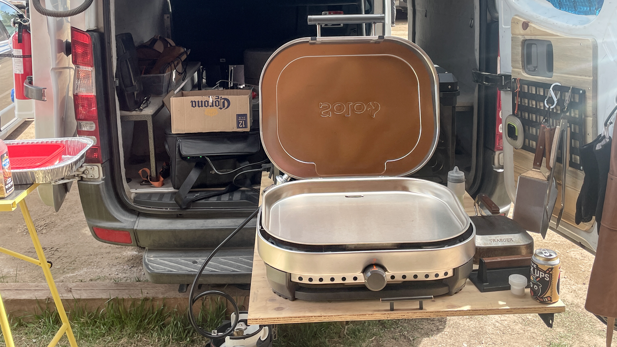 Solo Stove Steelfire 22 Griddle on the back of a van