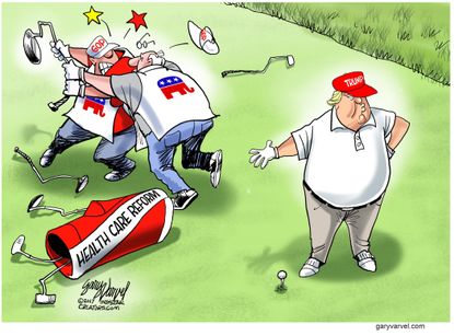 Political cartoon U.S. Trump McConnell GOP health care reform golf