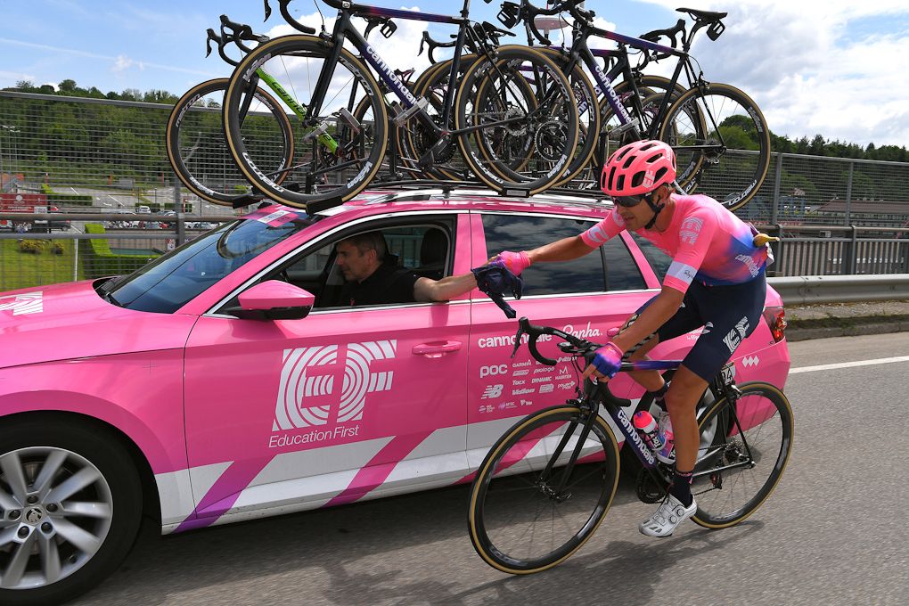 Nate Brown gets some supplies at the EF team car