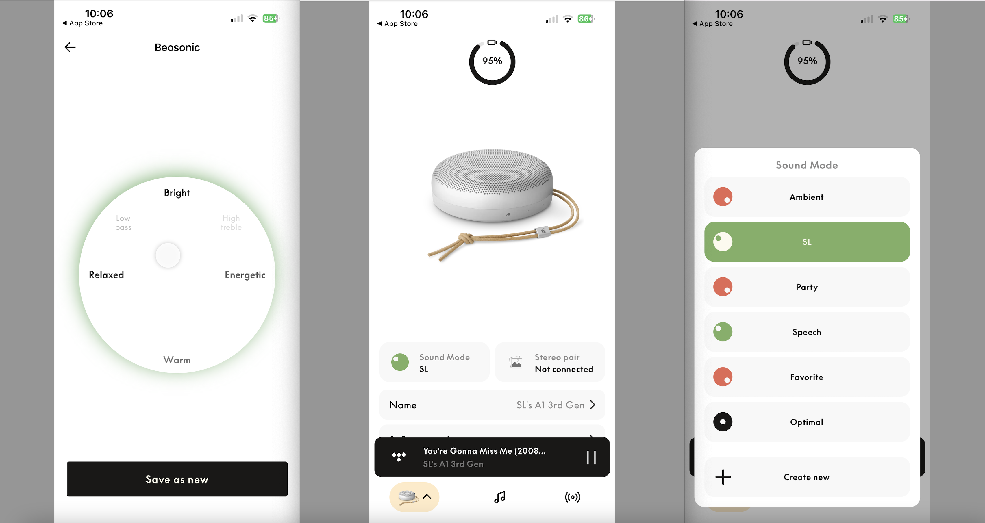 B&O's Beosound A1 3rd Gen three screen-grabs of the companion app