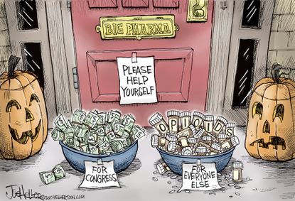 Political cartoon U.S. trick or treat big pharma opioids Congress