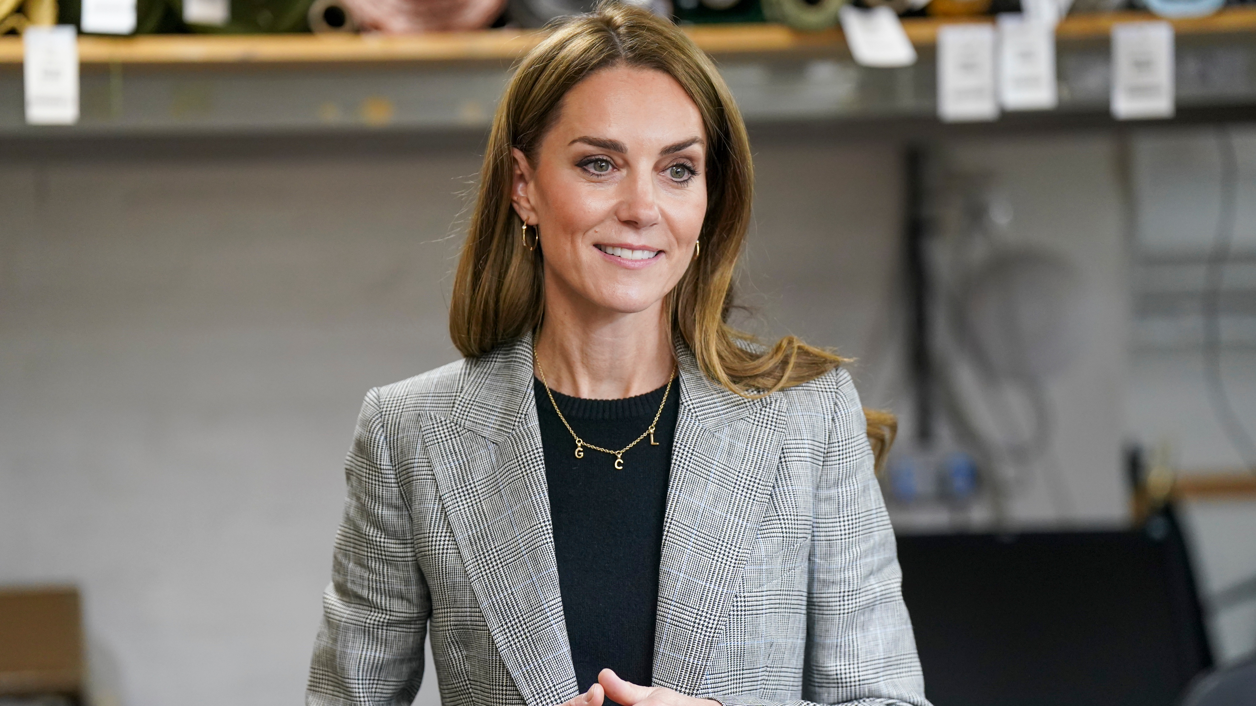 Catherine, Princess of Wales visits Sudbury Silk Mills in Sudbury, Suffolk wearing a Prince of Wales Check suit