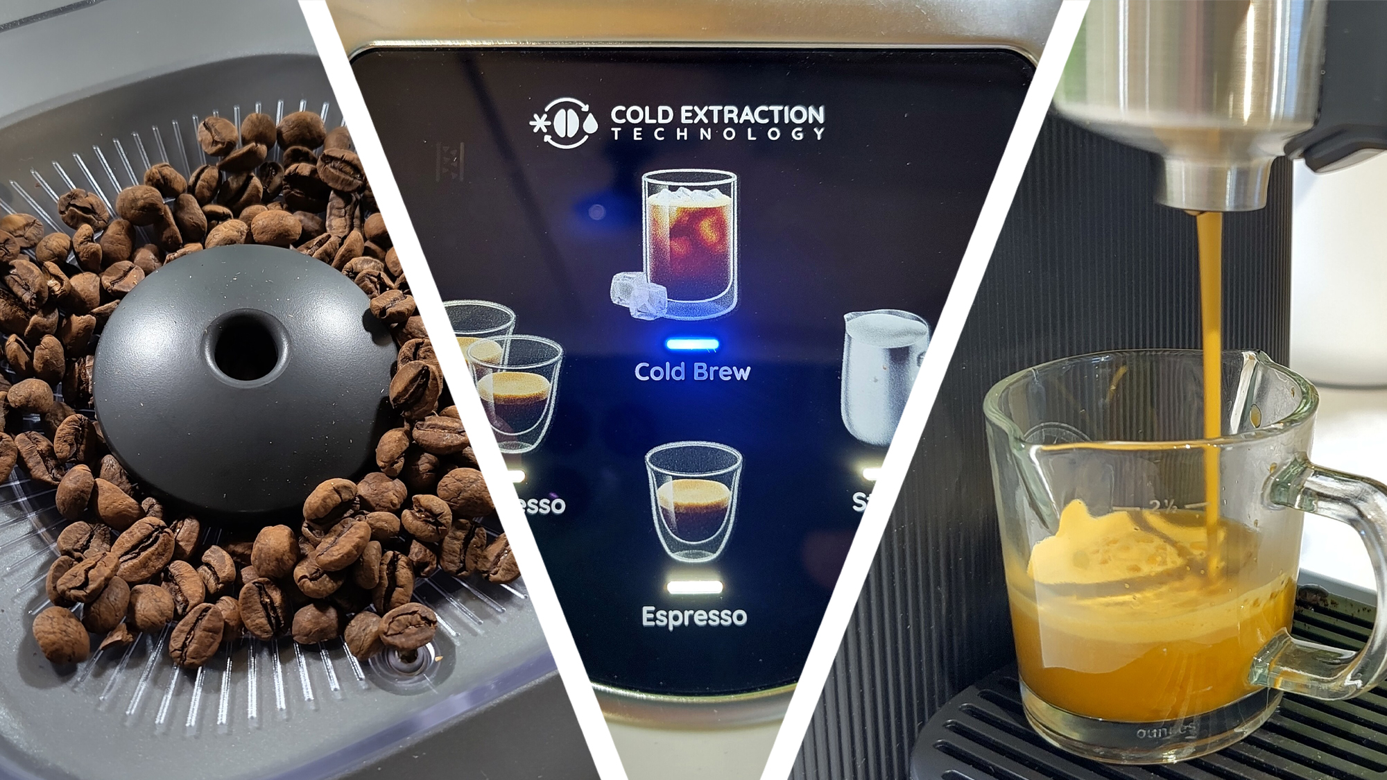 Split image showing coffee beans in hopper, controls on top of espresso machine, and espresso being dispensed into a glass cup