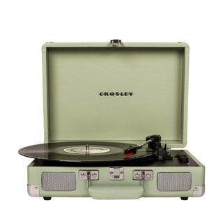 A mint coloured Crosley Cruiser Deluxe Vintage portable record player with the lid open