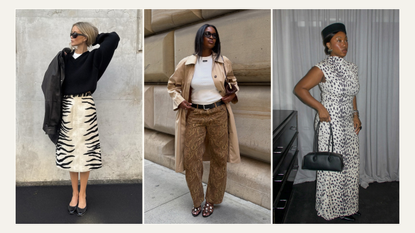 Three images of influencers wearing autumn 2026 print trends, including zebra, paisley and Dalmatian.
