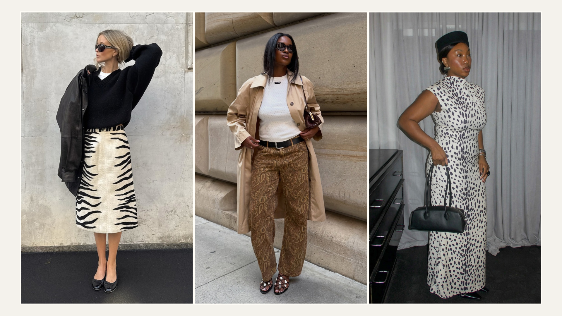 Three images of influencers wearing autumn 2026 print trends, including zebra, paisley and Dalmatian.