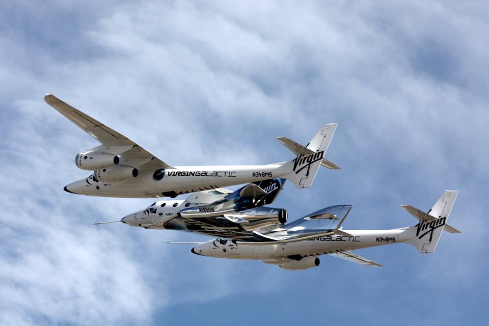 Virgin Galactic&#039;s second SpaceShipTwo, the VSS Unity, is carried by its WhiteKnightTwo mothership ahead of Unity&#039;s third unpowered glide test over the Mojave Air and Space Port in California on Feb. 24, 2017.