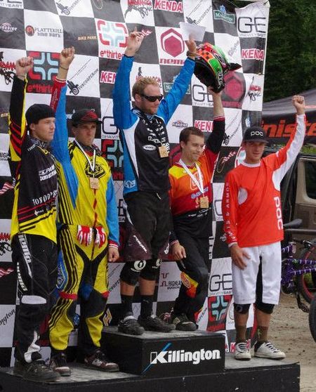 Elite men's downhill podium at the Gravity East round in Killington, Vermont