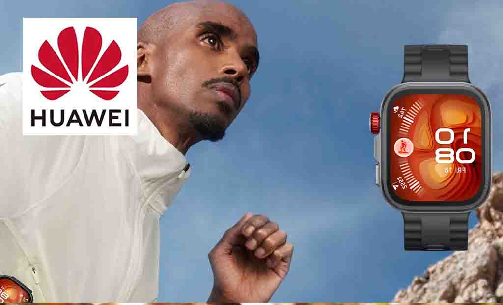 Huawei logo placed over man posing next to fit watch