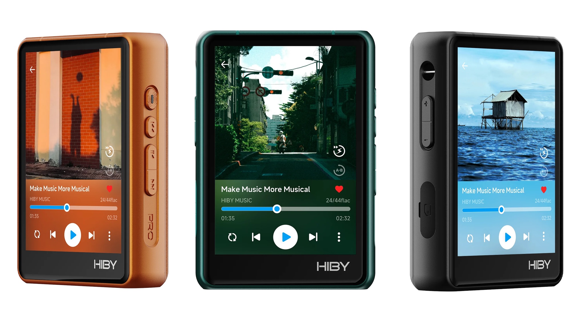 Three versions of the HiBy R3Pro II music player in orange, green and black