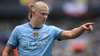 Erling Haaland of Manchester City reacts during the Premier League match between Manchester City FC and Brentford FC at Etihad Stadium on September 14, 2024 in Manchester, England