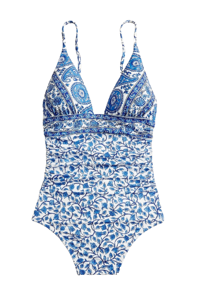 J.Crew, Ruched Plunge One-Piece in Bandana Block Print