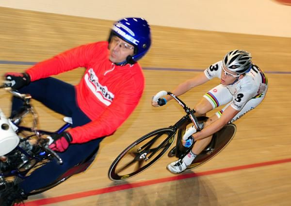 Cameron Meyer in action during the derny race.