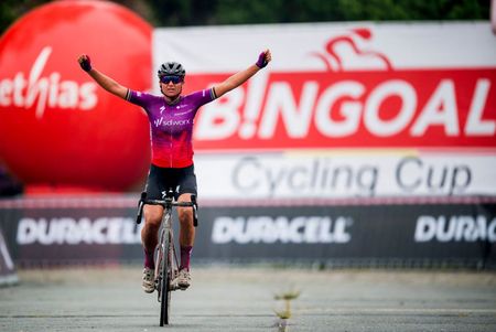 Netherlands Chantal Blaak of Team SD Worx celebrates victory as she crosses the finish line of the Dwars Door Het Hageland one day cycling race the fourth race of the Bingoal Cycling Cup 180kms from Aarschot to Diest on June 5 2021 Belgium OUT Photo by JASPER JACOBS Belga AFP Belgium OUT Photo by JASPER JACOBSBelgaAFP via Getty Images
