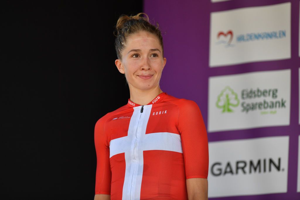 SARPSBORG NORWAY AUGUST 11Cecilie Uttrup Ludwig of Denmark and Team FDJ Nouvelle Aquitaine Futuroscope on second place poses on the podium ceremony after the 8th Tour of Scandinavia 2022 Battle Of The North Stage 3 a 1189km stage from Moss to Sarpsborg UCIWWT tourofscandinavia TOSC22 on August 11 2022 in Sarpsborg Norway Photo by Luc ClaessenGetty Images