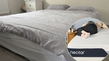 The Nectar Premier Memory Foam Mattress, dressd in bedding, in our reviewer's hoe. In the left, an image inset showing our lead tester side sleeping on the Nectar Premier Memory Foam Mattress in our Sleep Lab