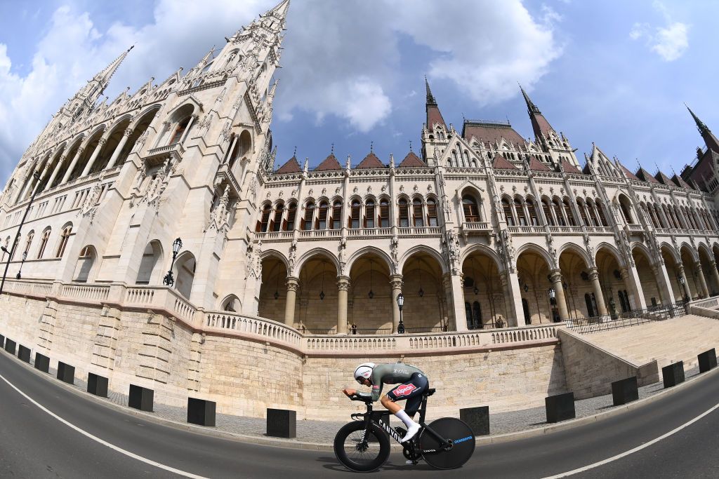 BUDAPEST HUNGARY MAY 07 Tobias Bayer of Austria and Team Alpecin Fenix sprints next to the Hungarian Parliament in the city of Budapest during the 105th Giro dItalia 2022 Stage 2 a 92km individual time trial stage from Budapest to Budapest ITT Giro WorldTour on May 07 2022 in Budapest Hungary Photo by Tim de WaeleGetty Images