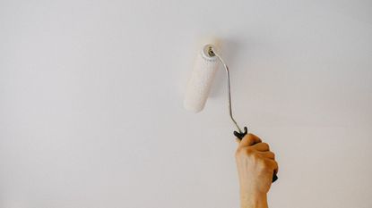 Soeone using a white roller to paint a ceiling 