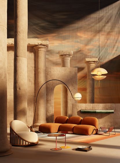 1970s inspired lounge with velvet sofa and arched floor lamp, with render of roman ruins in the background