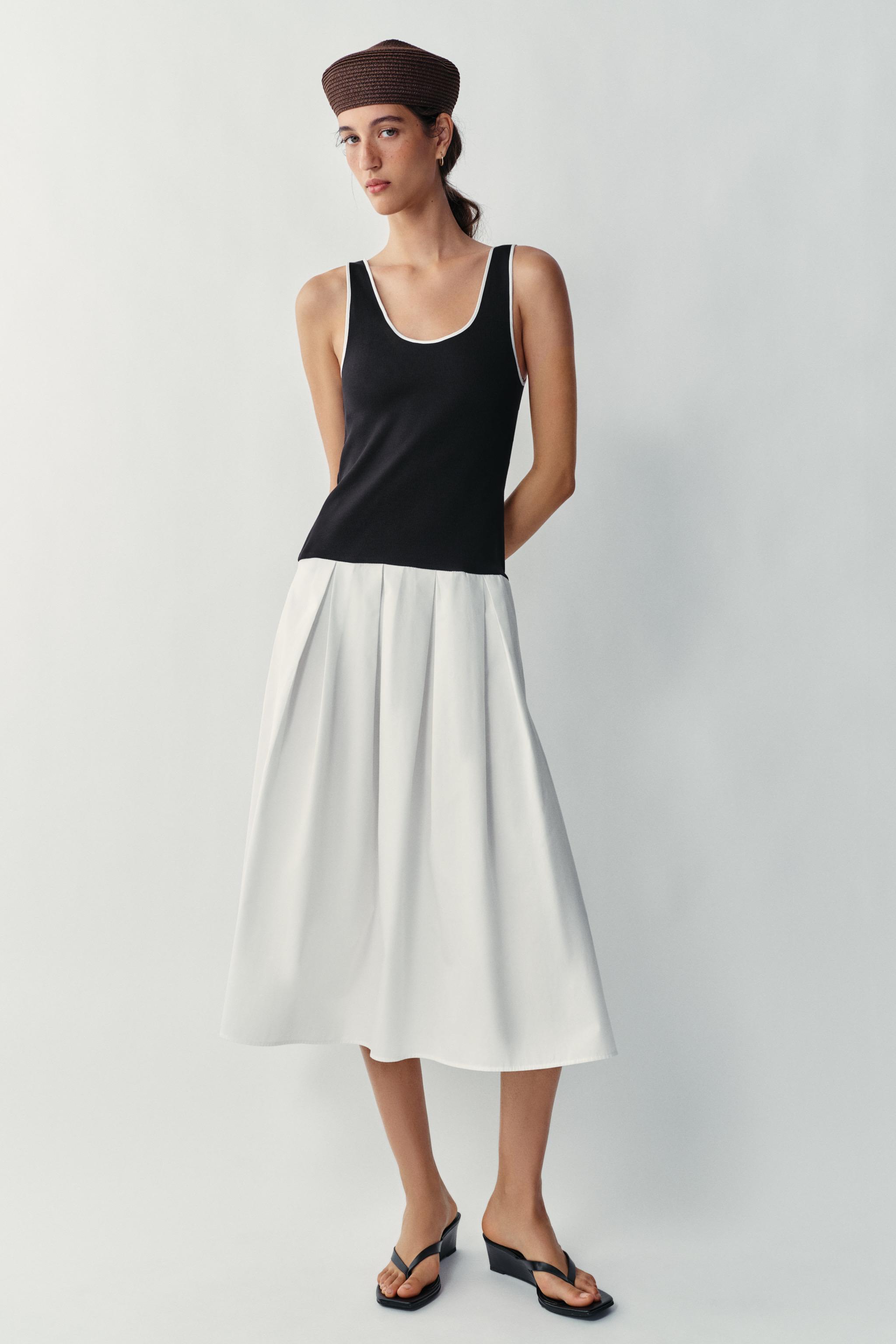 Contrast Poplin Midi Dress - Black / White - Xs