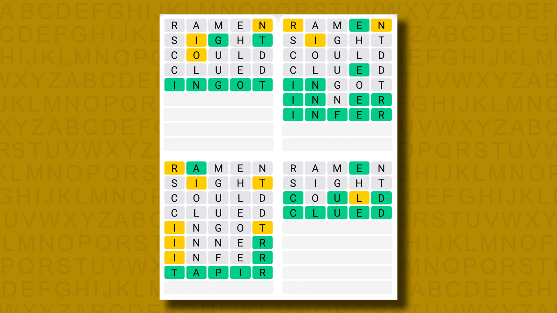 Quordle answers for game 1253 on a yellow background