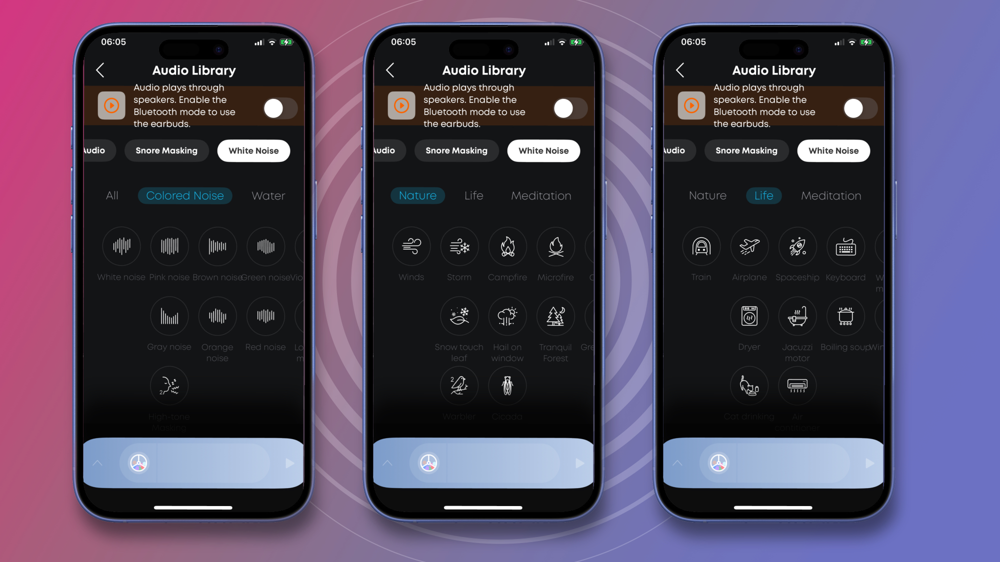 Three phone screens show screenshots of white noise options on the Soundcore app.