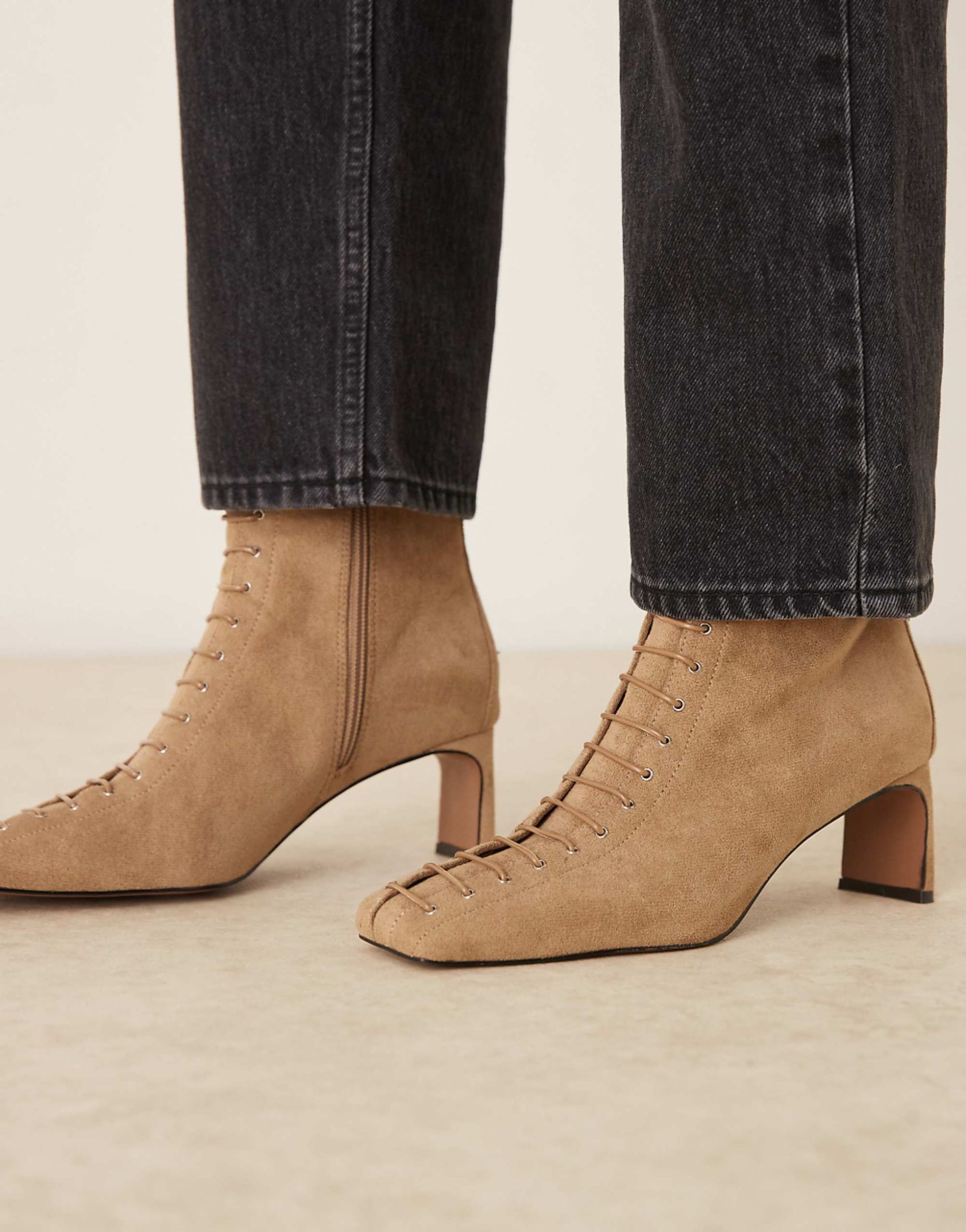 Asos Design Rue Lace Up Heeled Ankle Boots in Tan Suedette