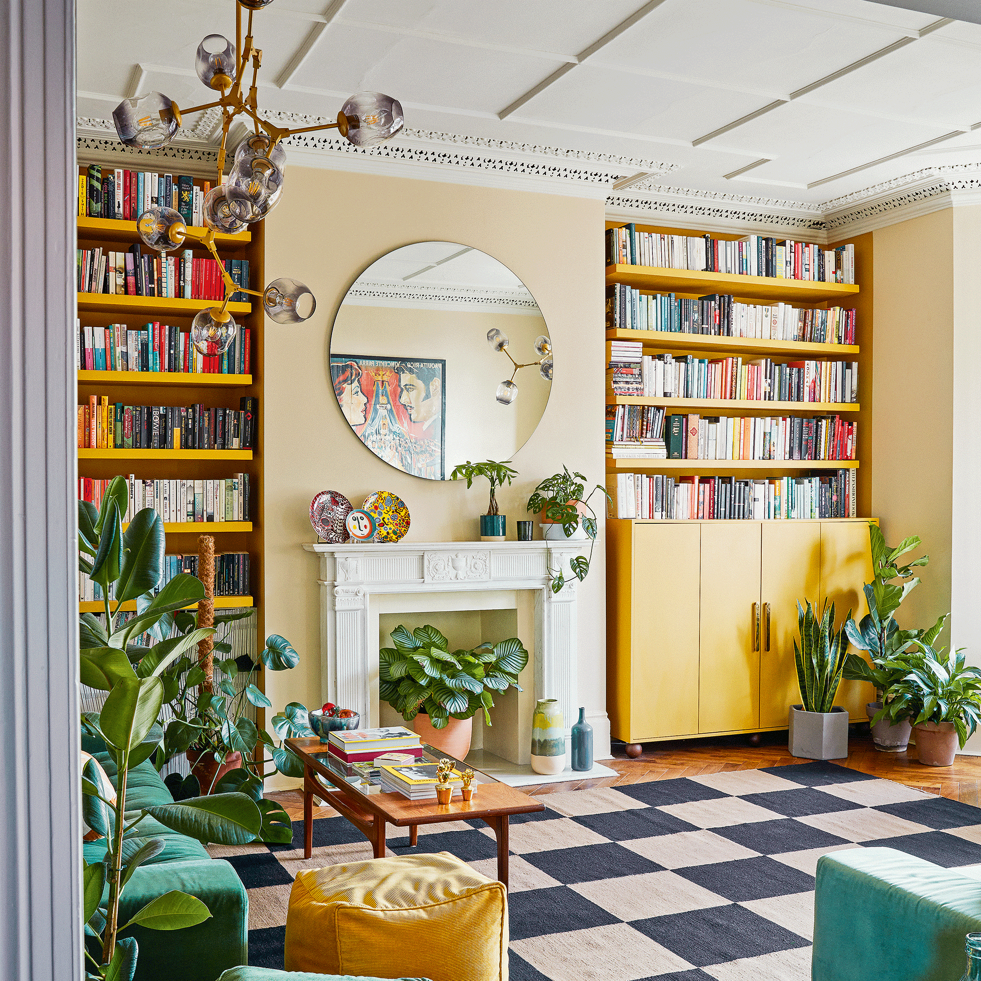 Yellow living room with shelving