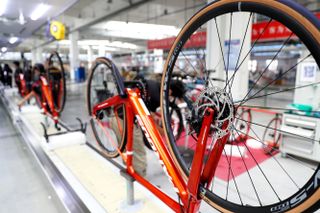 LELING CHINA SEPTEMBER 92023 The assembly line of a companys carbon fiber bicycle production workshop is seen in Leling city Shandong province China Sept 9 2023 Photo credit should read CFOTOFuture Publishing via Getty Images