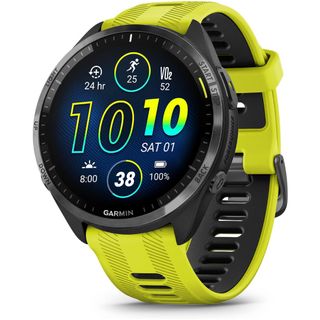 Render of the Garmin Forerunner 965 with Carbon Gray DLC Titanium Bezel and Amp Yellow/Black Silicone Band