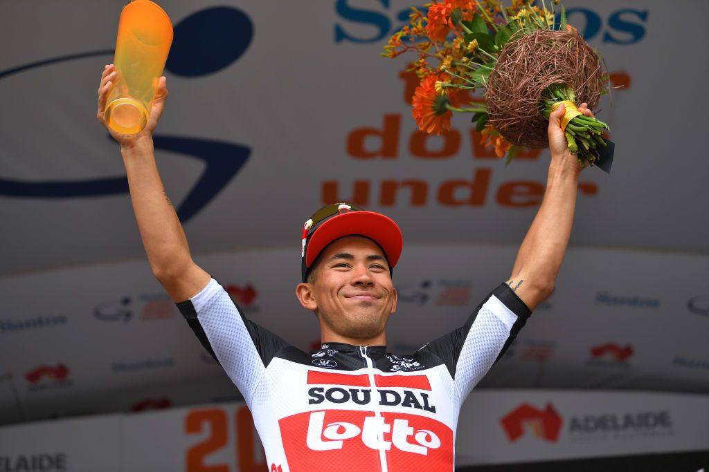 Caleb Ewan on the podium after his stage 2 win