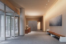 The lobby interior at Álvaro Siza’s first US building 611 West 56th Street in New York City with interiors by Gabellini Sheppard Associates