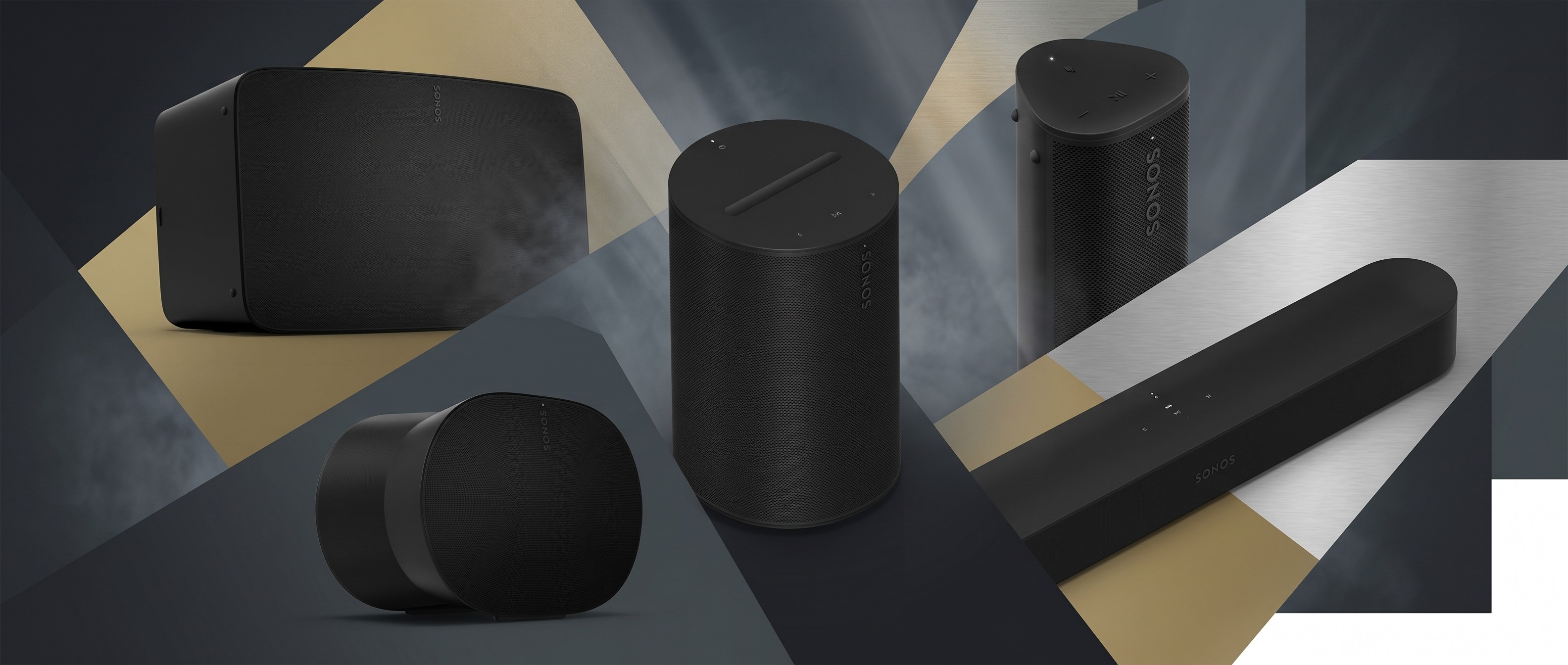 A collage of Sonos speakers and soundbars on a geometric background made up of blue, silver and gold segments