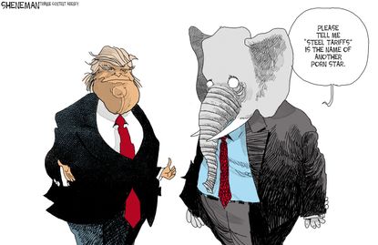 Political cartoon U.S. Trump trade war tariffs GOP steel industry Stormy Daniels affair allegations