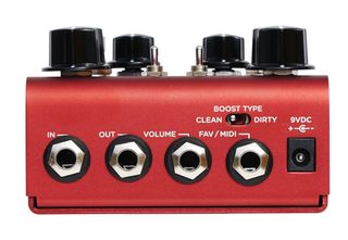The toggle on the rear lets you choose between a clean or dirty boost. Besides the usual I/O for the instrument/amp, there is a volume in and a input for midi or Strymon's Favourite switch.
