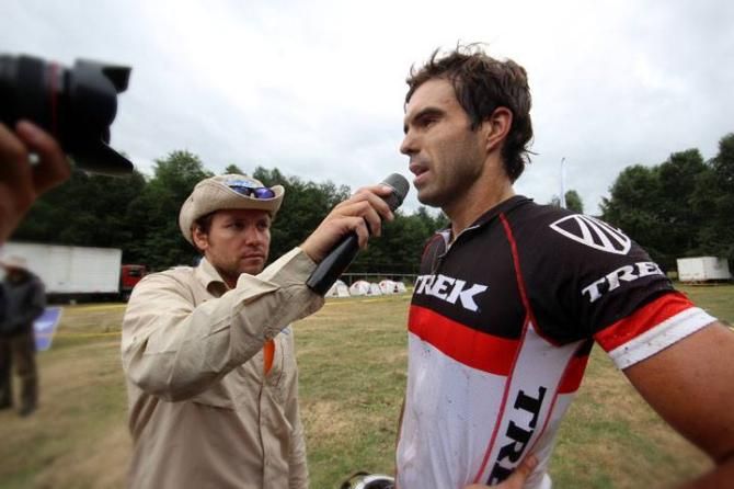 Javier P&uuml;schel is interviewed after the finish.