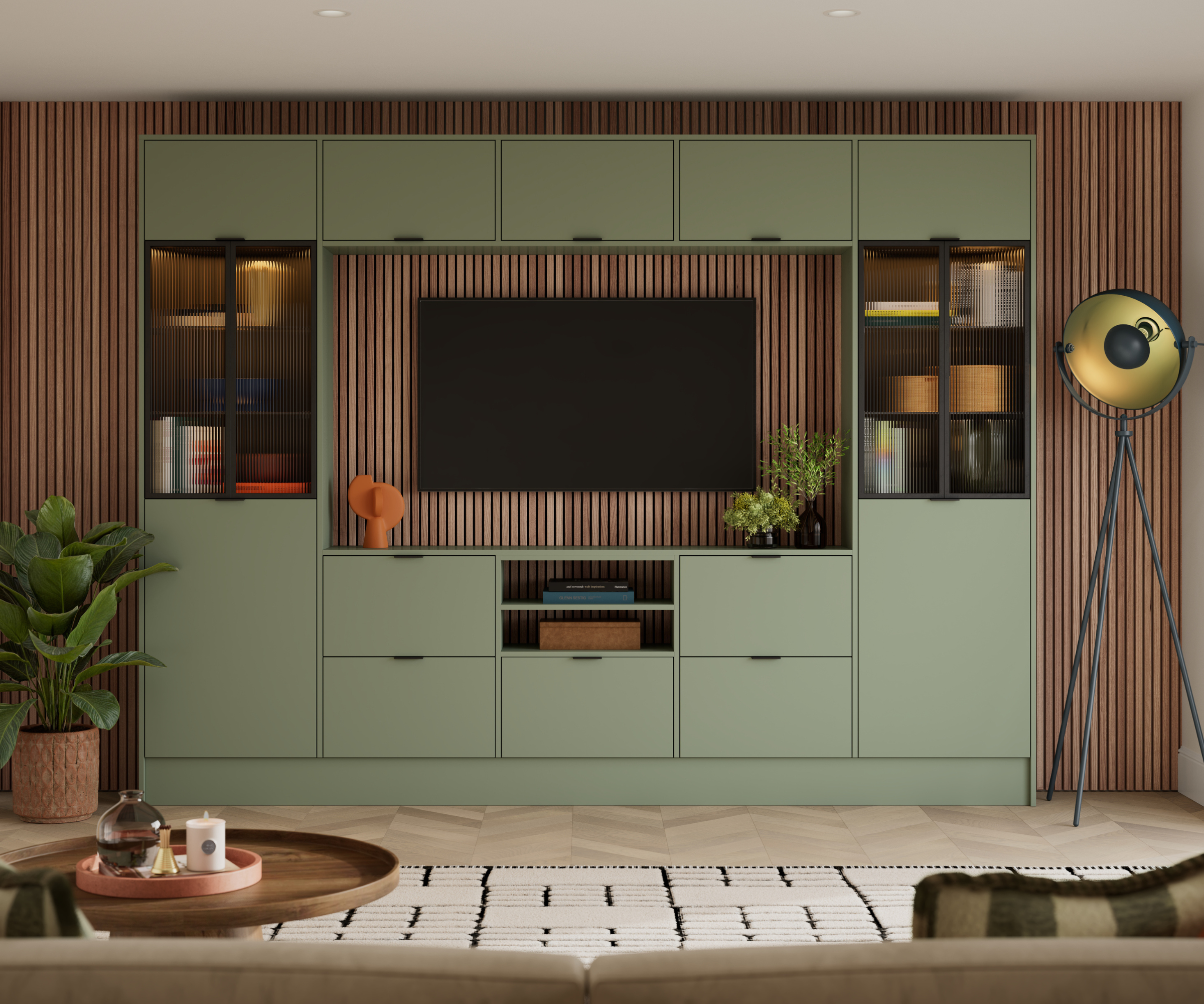 Media wall with wooden panelling behind it