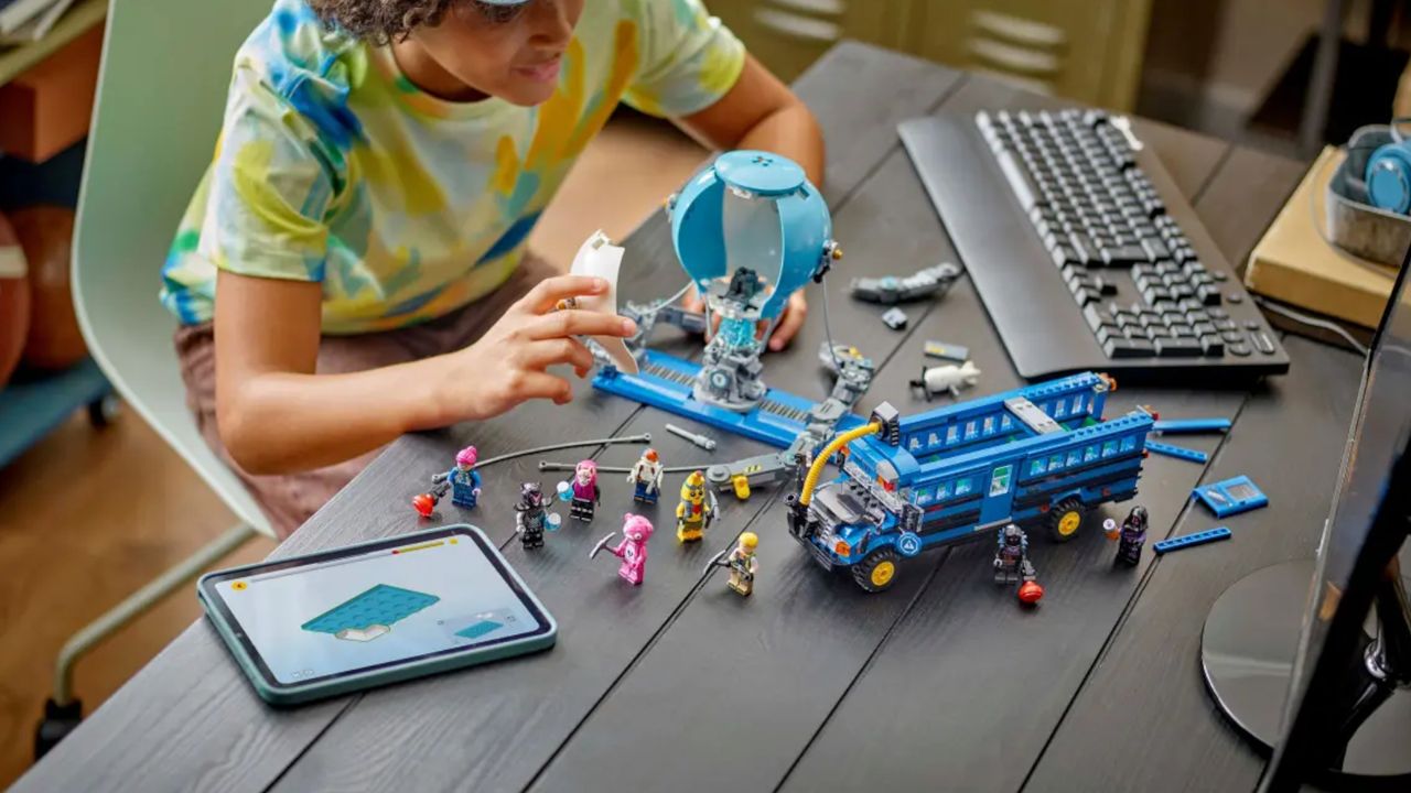 Lego Battle Bus being played with in a home setting, with the set and minifigures on a table