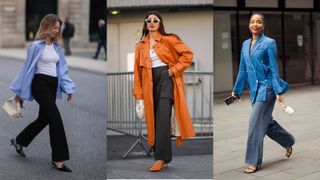 Street style influencers showing shoes to wear with wide-leg pants heeled mules