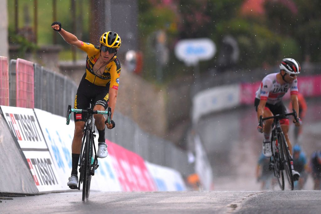 BAROLO ITALY AUGUST 12 Arrival George Bennett of New Zealand and Team JumboVisma Celebration Diego Ulissi of Italy and Team UAE Team Emirates during the 104th Giro del Piemonte 2020 a 187km race from Santo Stefano Belbo to Barolo 294m GranPiemonte GranPiemonte on August 12 2020 Barolo Italy Photo by Tim de WaeleGetty Images