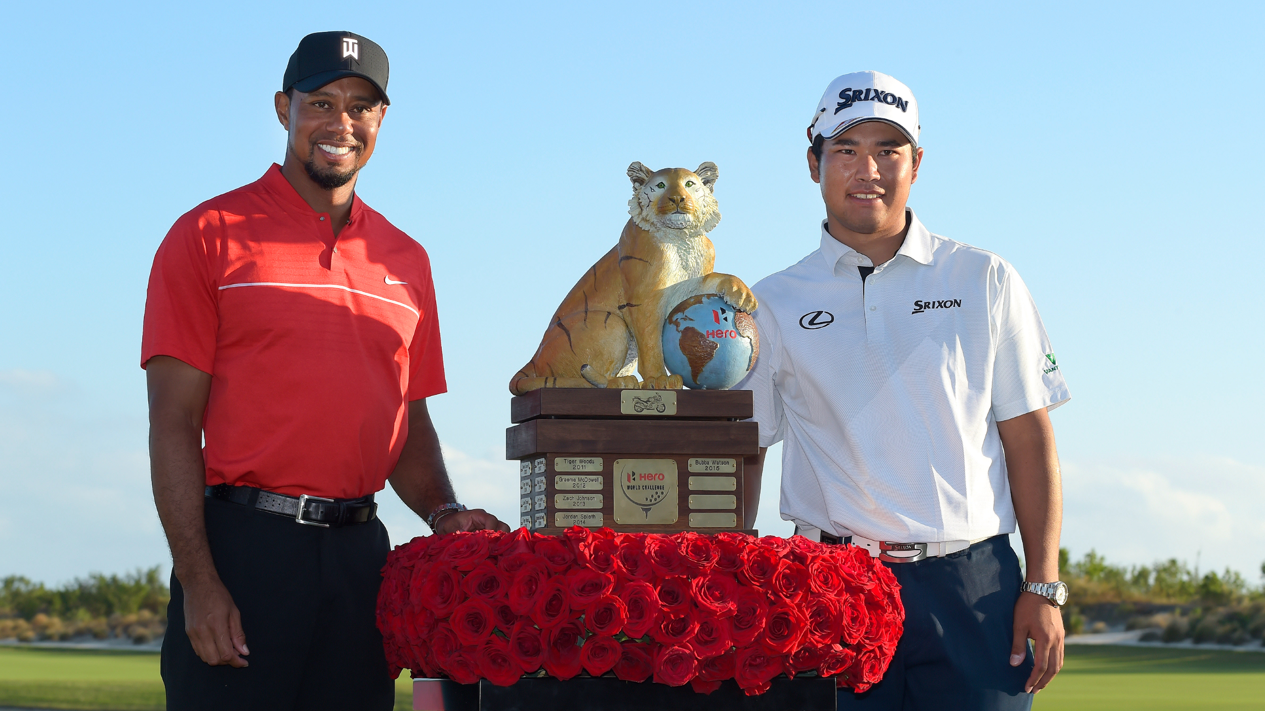 Tiger Woods and Hideki Matsuyama with the Hero World Challenge trophy