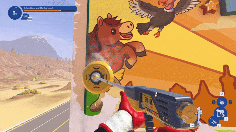 A PowerWash Simulator 2 player using a surface cleaner to scrub grime from a billboard with soap on it. The artwork shows an advertisement slowly revealing farm animals as it's cleaned.