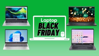 Black Friday laptop deals badge surround by an Acer Aspire Go, Dell Inspiron 15, Asus Chromebook 515 Plus, HP Laptop 15 against a green gradient background