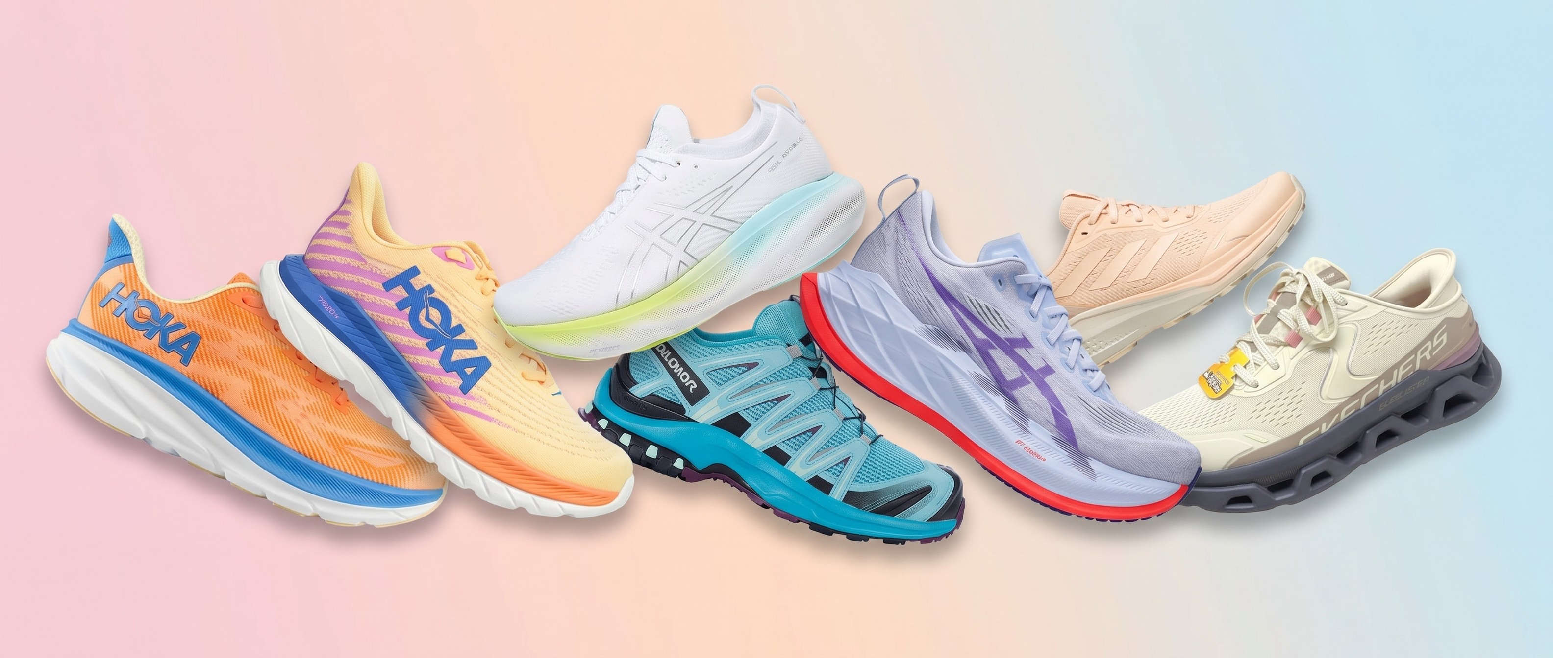 Running shoes from Hoka, Asics, Salomon, Adidas and Skechers on rainbow gradient background
