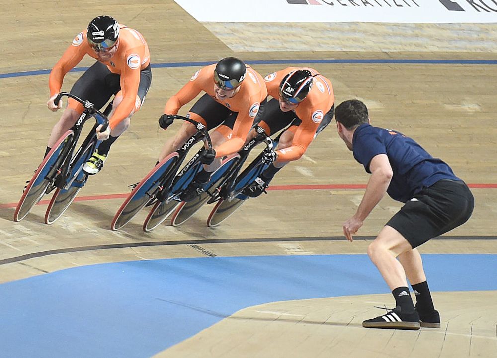 Netherlands' team compete to win gold during the men's team sprint final at the UCI Track Cycling World Championship