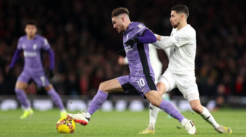 Liverpool&#039;s Alexis Mac Allister is challenged by Arsenal&#039;s Jorginho in the FA Cup in January 2024.