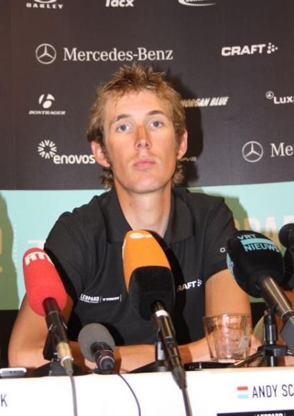 Andy Schleck (Leopard Trek) speaks with the press prior to Li&egrave;ge-Bastogne-Li&egrave;ge.