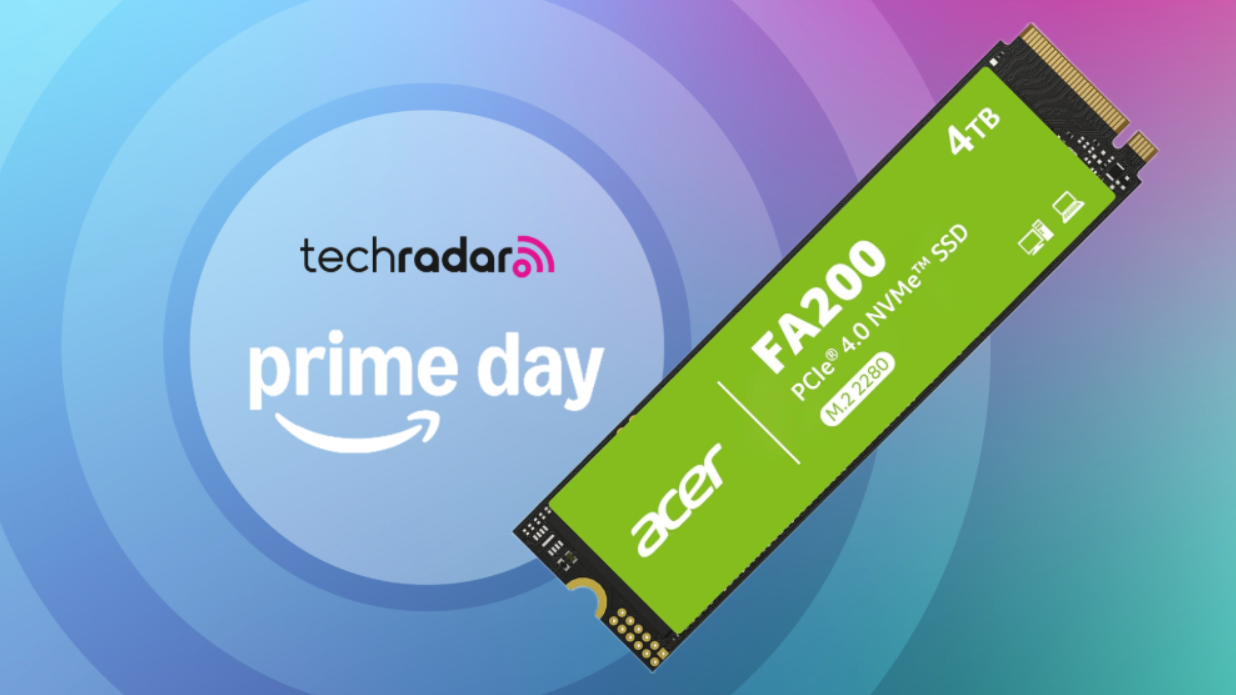 Acer FA200 4TB SSD on a rainbow background next to a TechRadar badge reading &#039;Prime Day&#039;