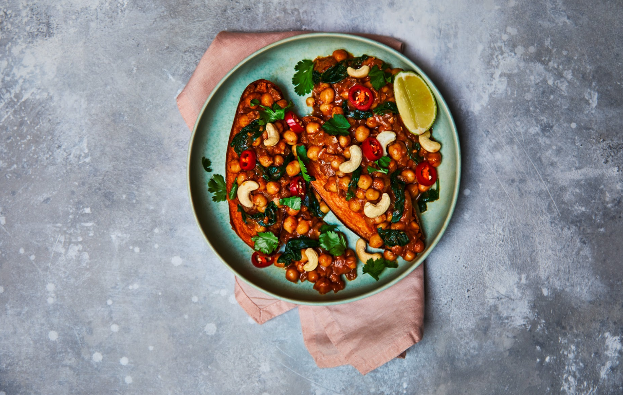 Creamy chickpea curry loaded sweet potato